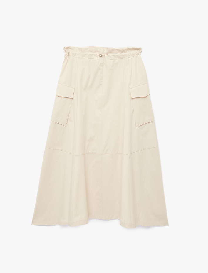  Pamuklu Kargo Cepli Beli Bağcıklı Kloş Poplin Etek