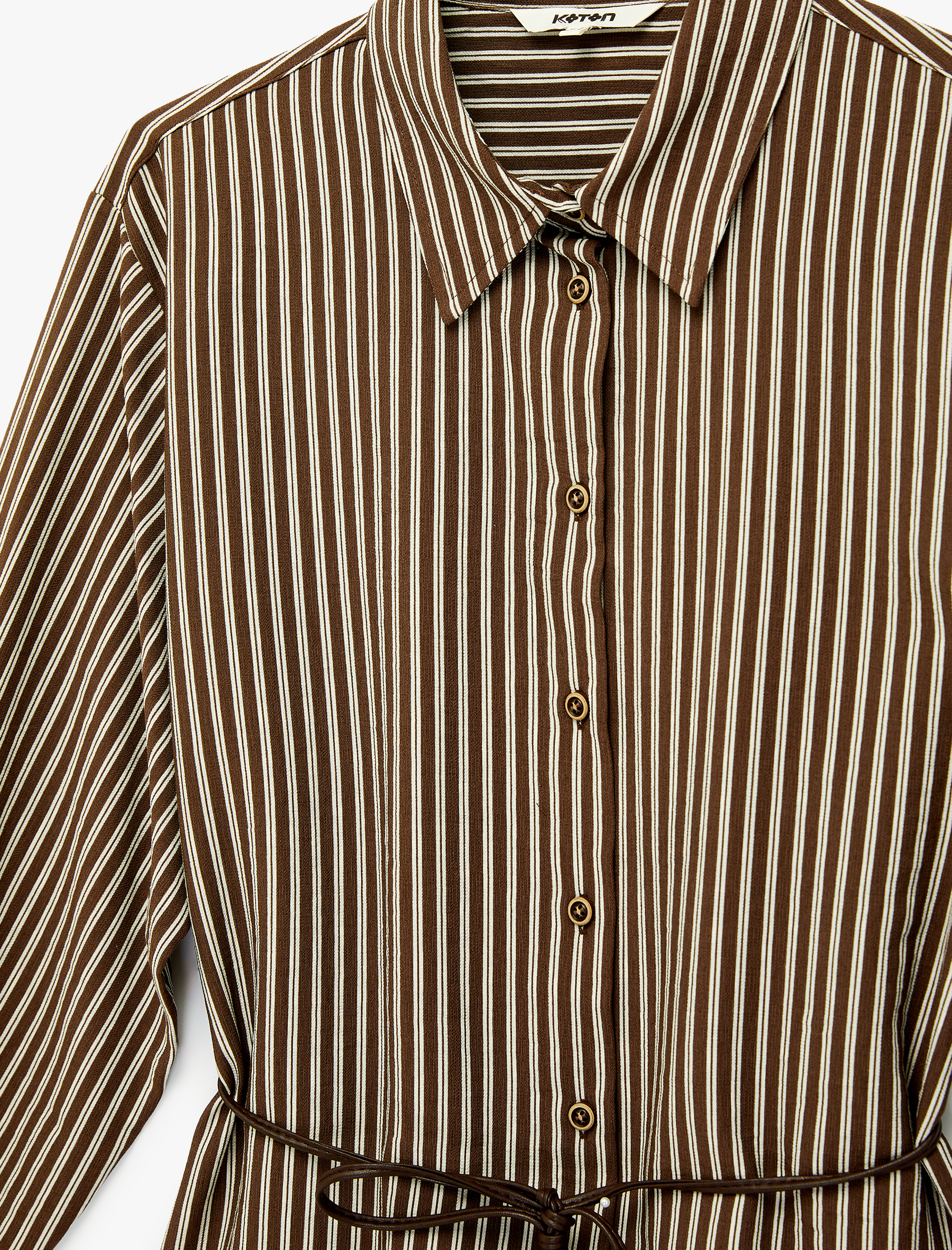   Viskon Uzun Kollu Beli Bağcıklı Kemerli Çizgili Gömlek