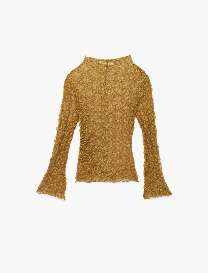  Uzun Kollu Yarı Transparan Dik Yaka Slim Fit Dantel Tişört