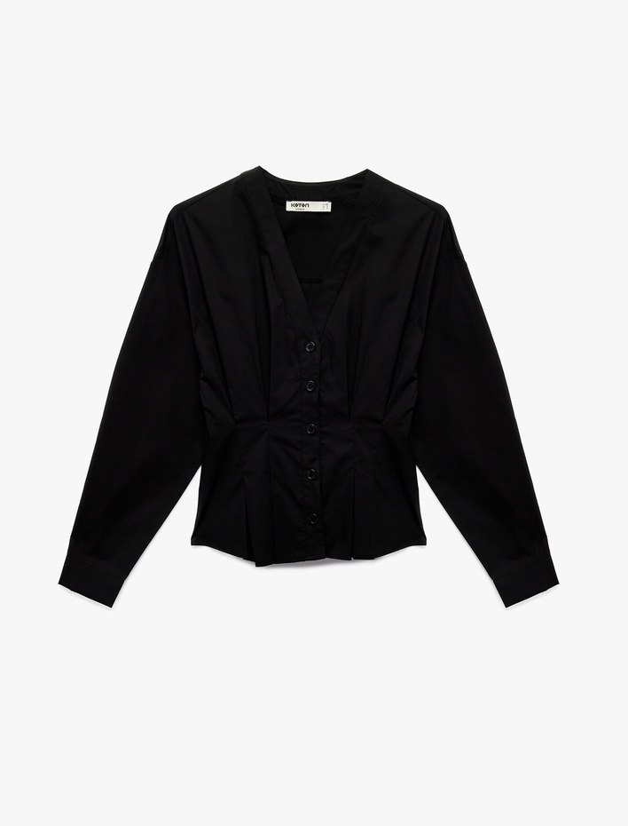  Pamuklu Uzun Kollu Düğmeli V Yaka Gömlek