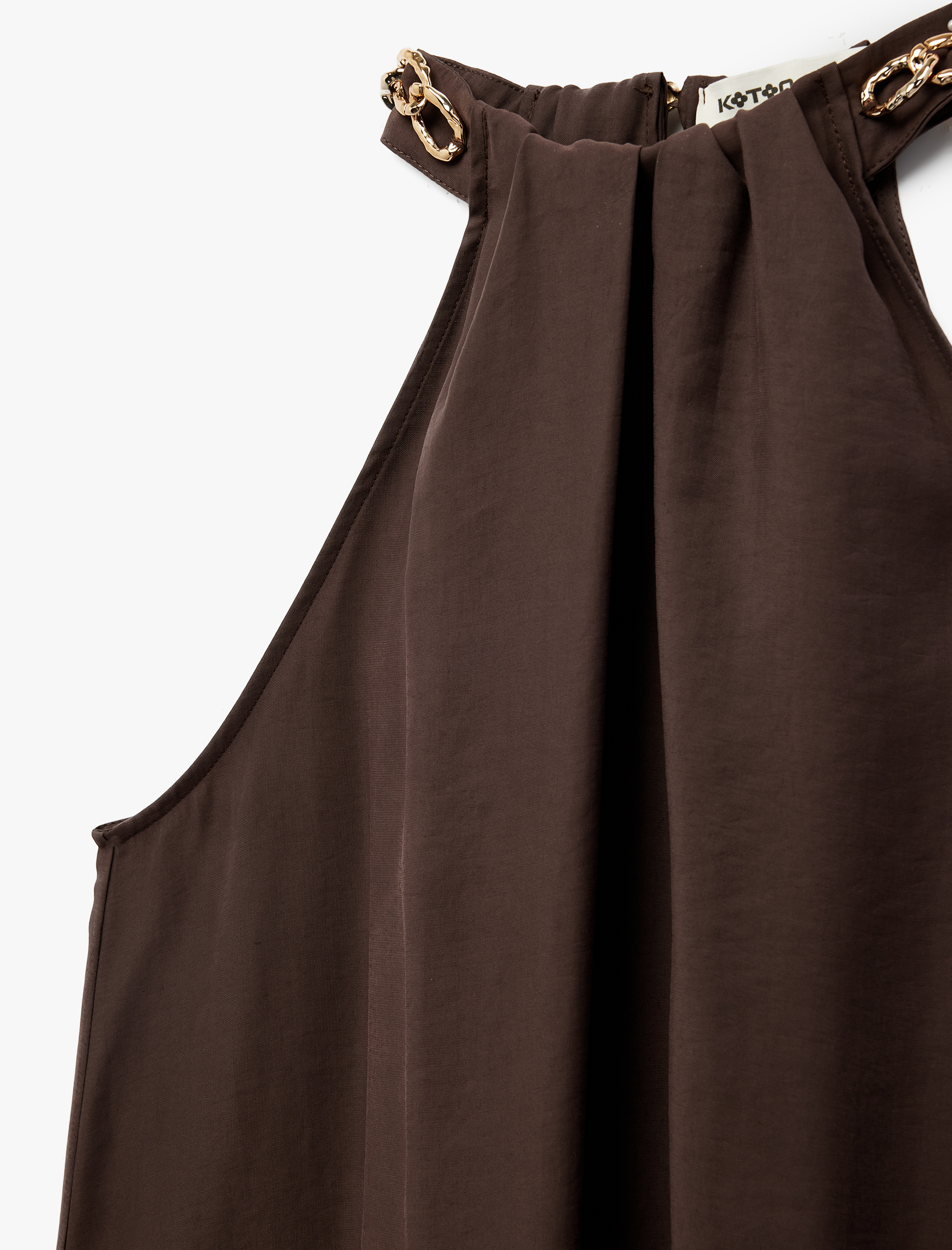   Modal Kumaş Rahat Kalıp Aksesuar Detaylı Halter Yaka Midi Elbise