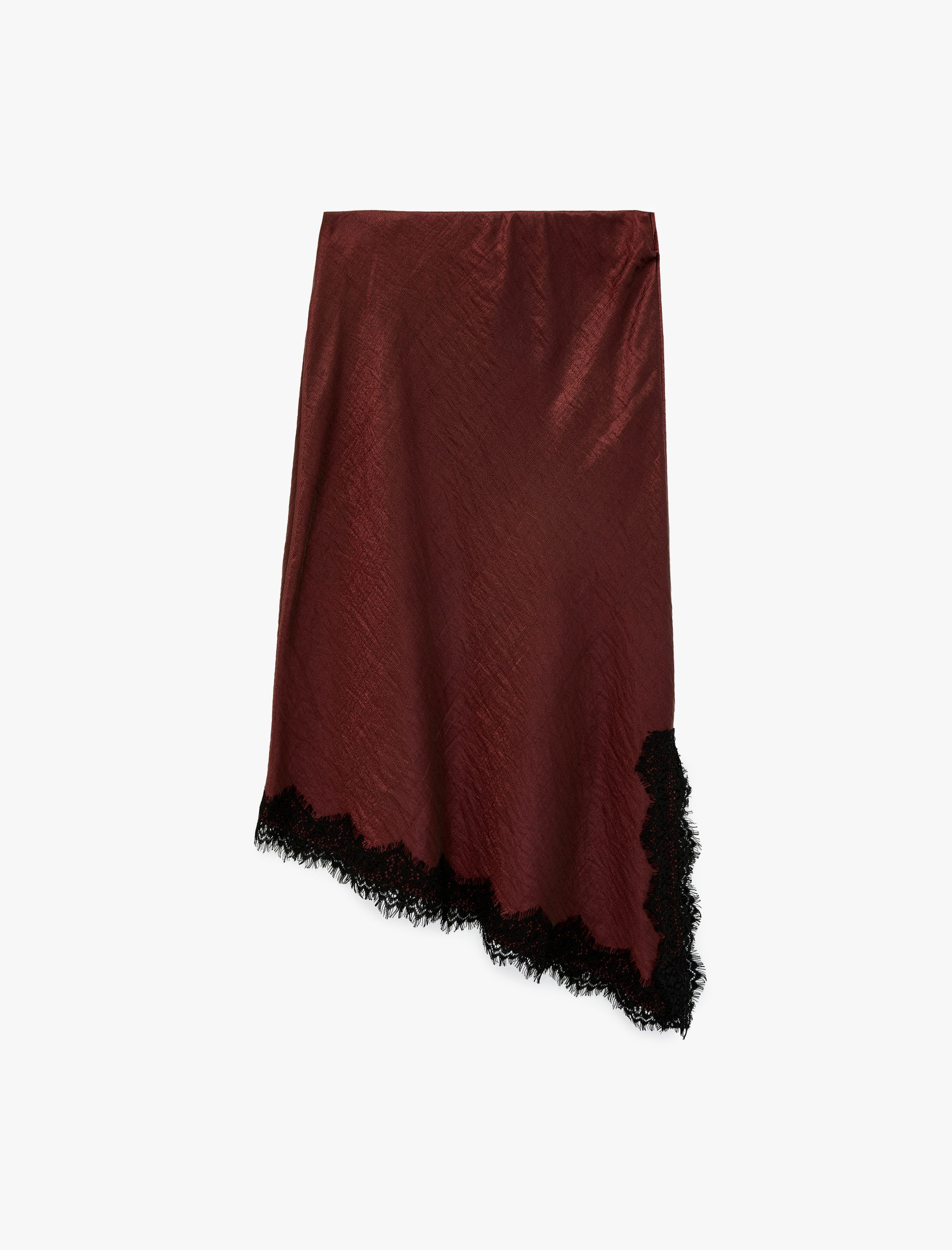   Asimetrik Kesim Dokulu Dantel Detaylı Midi Saten Etek