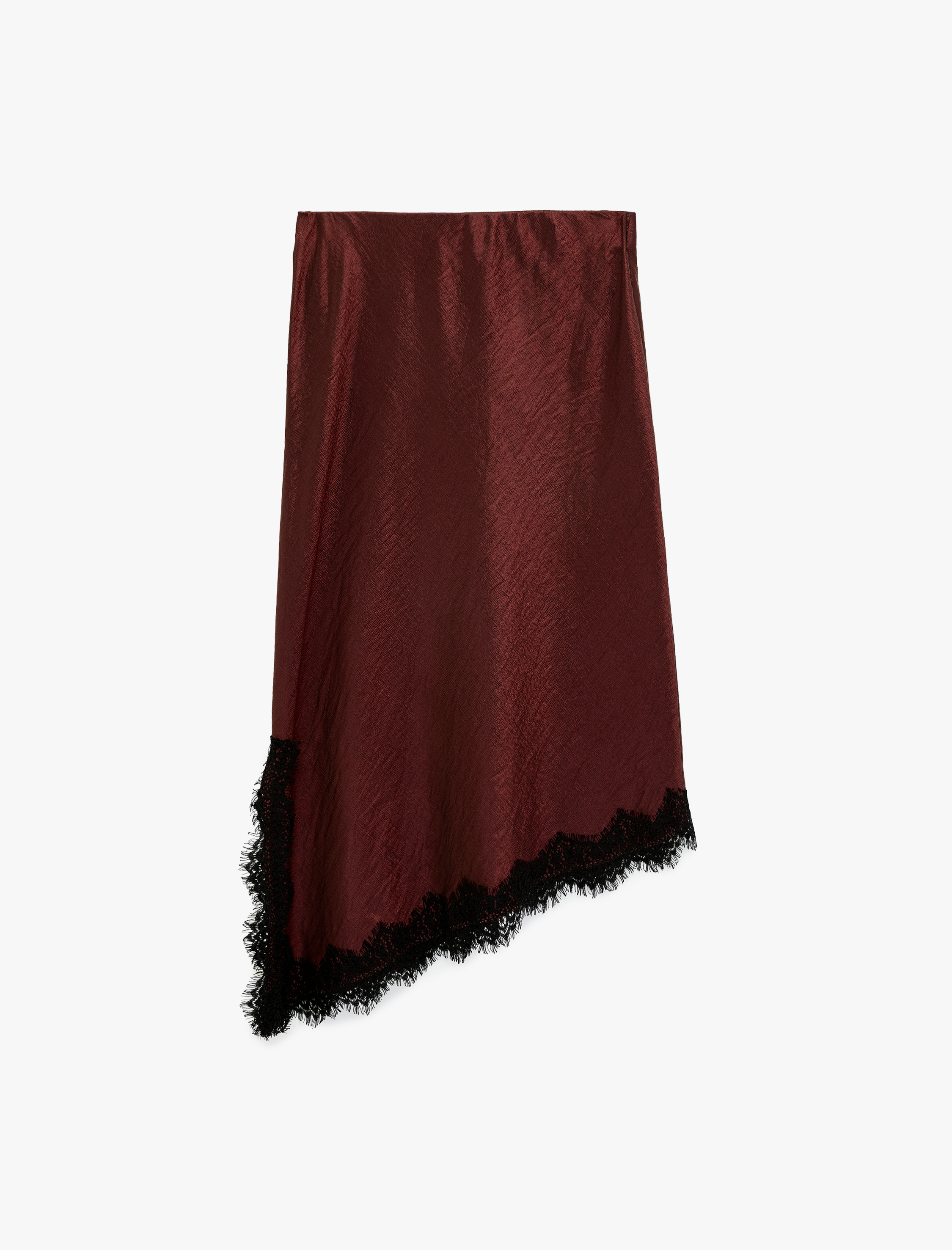   Asimetrik Kesim Dokulu Dantel Detaylı Midi Saten Etek