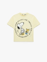 Snoopy Baskılı Bisiklet Yaka Kısa Kollu Pamuklu Lisanslı Tişört