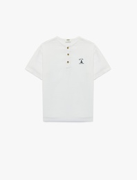 Kısa Kollu Bisiklet Yaka Düğmeli Pamuklu Tişört