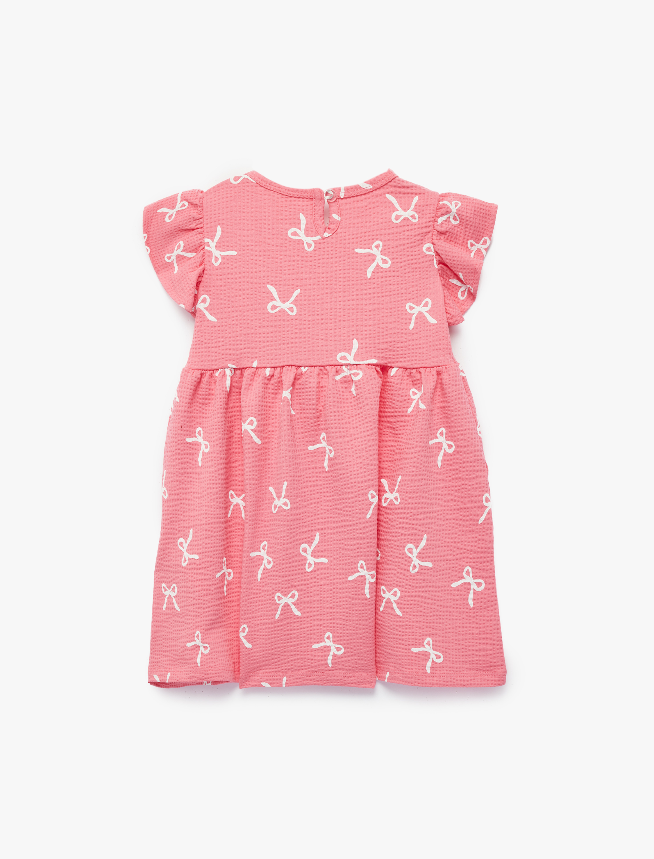  Kız Bebek Kısa Kollu Bisiklet Yaka Fiyonk Baskılı Pamuklu Elbise