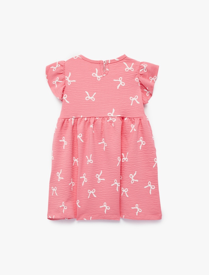 Kız Bebek Kısa Kollu Bisiklet Yaka Fiyonk Baskılı Pamuklu Elbise