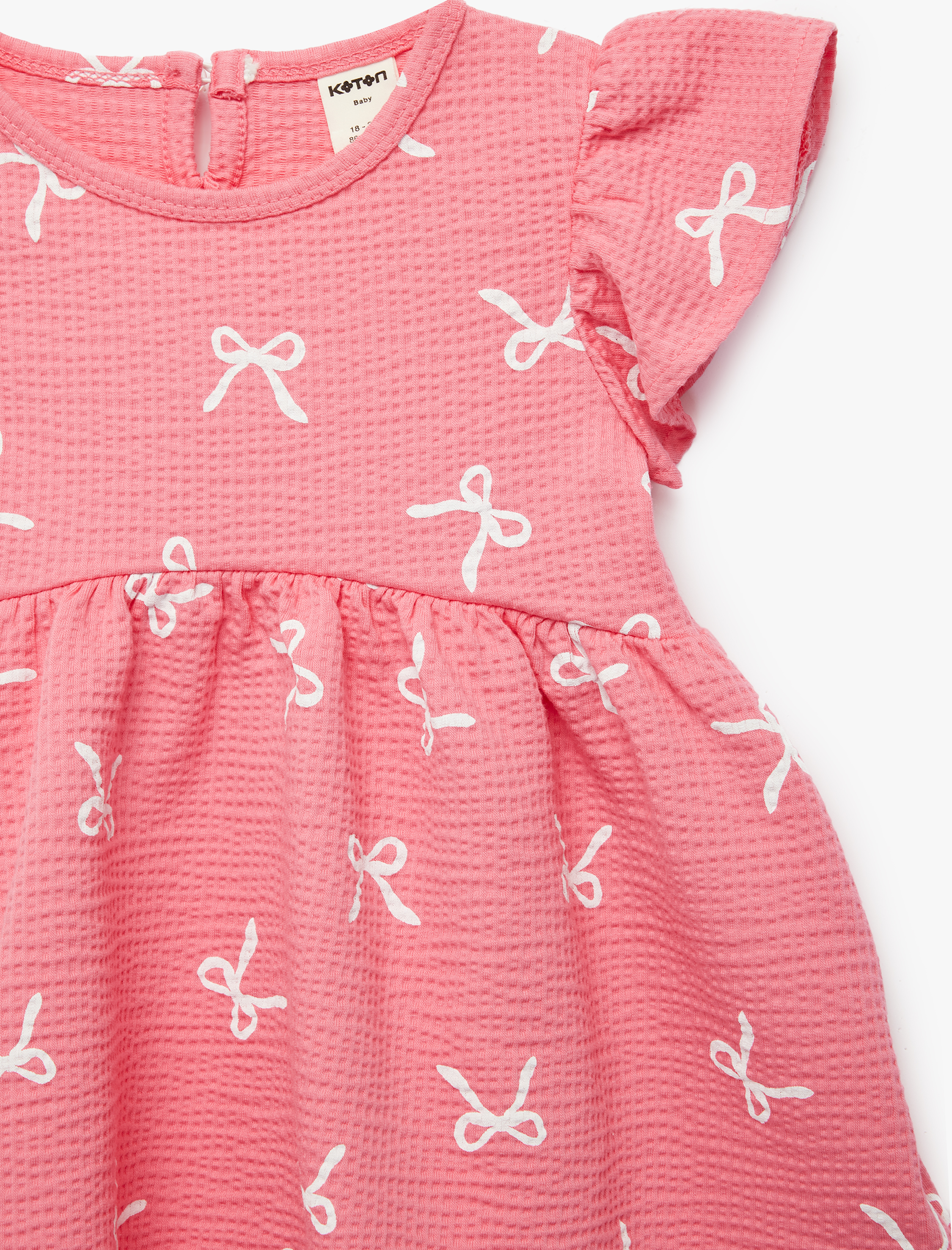  Kız Bebek Kısa Kollu Bisiklet Yaka Fiyonk Baskılı Pamuklu Elbise