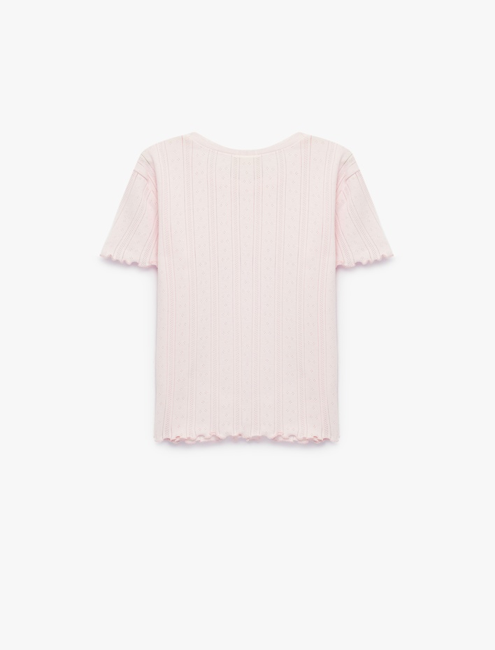 Kız Bebek Fırfır Detaylı Kısa Kollu Bisiklet Yaka Pamuklu Tişört