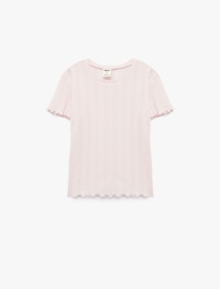 Fırfır Detaylı Kısa Kollu Bisiklet Yaka Pamuklu Tişört