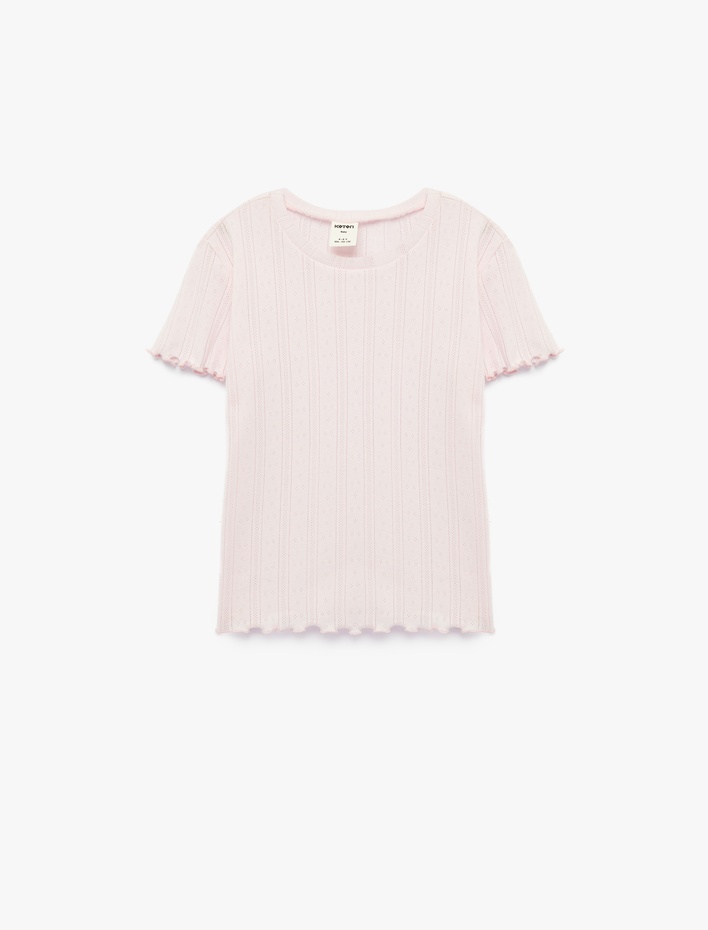 Kız Bebek Fırfır Detaylı Kısa Kollu Bisiklet Yaka Pamuklu Tişört