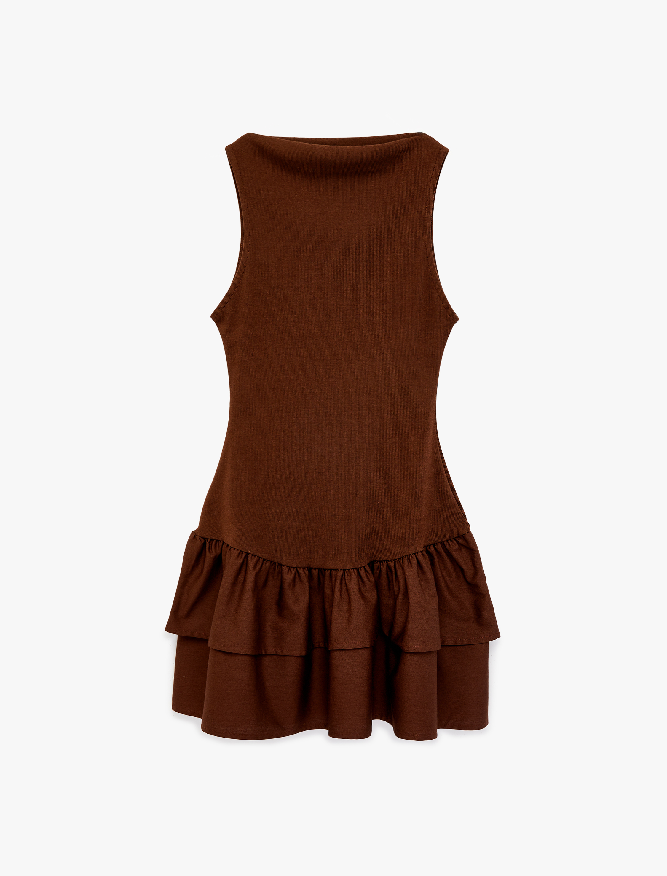   Kolsuz Bisiklet Yaka Pamuklu Katlı Volanlı Mini Elbise