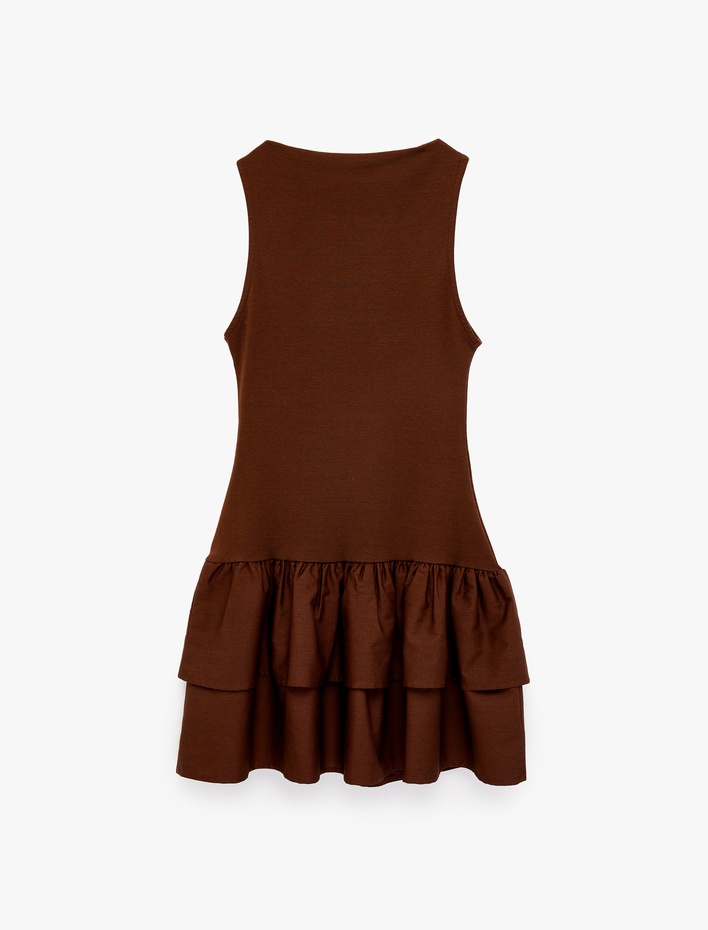  Kolsuz Bisiklet Yaka Pamuklu Katlı Volanlı Mini Elbise