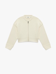 Bisiklet Yaka Viskon Karışımlı Uzun Kollu Fermuarlı Crop Bomber Ceket