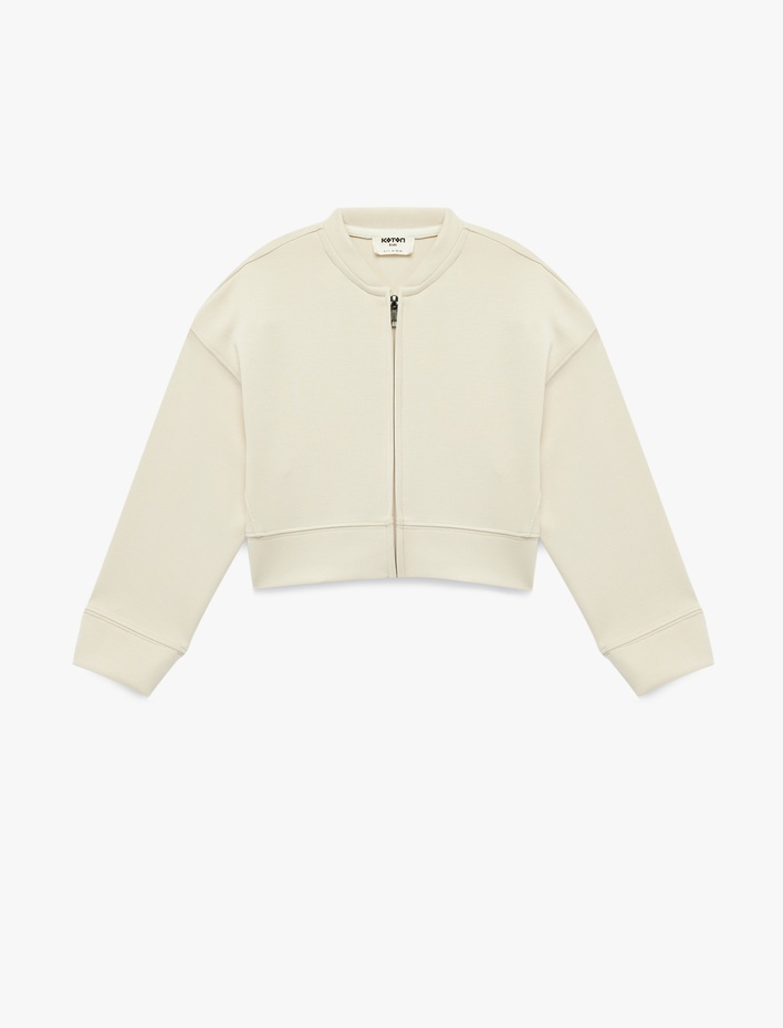 Kız Çocuk Bisiklet Yaka Viskon Karışımlı Uzun Kollu Fermuarlı Crop Bomber Ceket