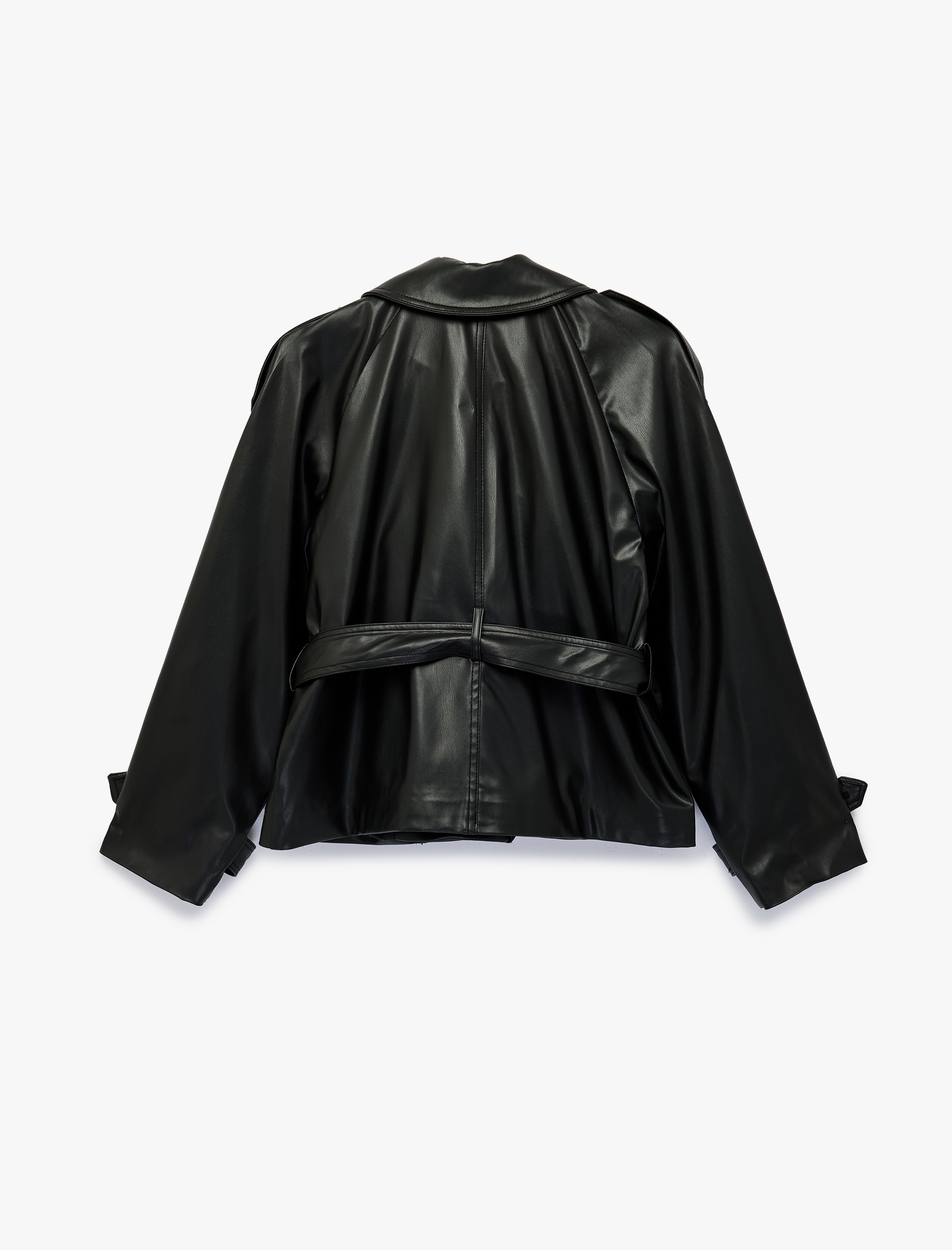   Kemer Detaylı Klasik Yaka Düğmeli Cepli Uzun Kollu Suni Deri Ceket