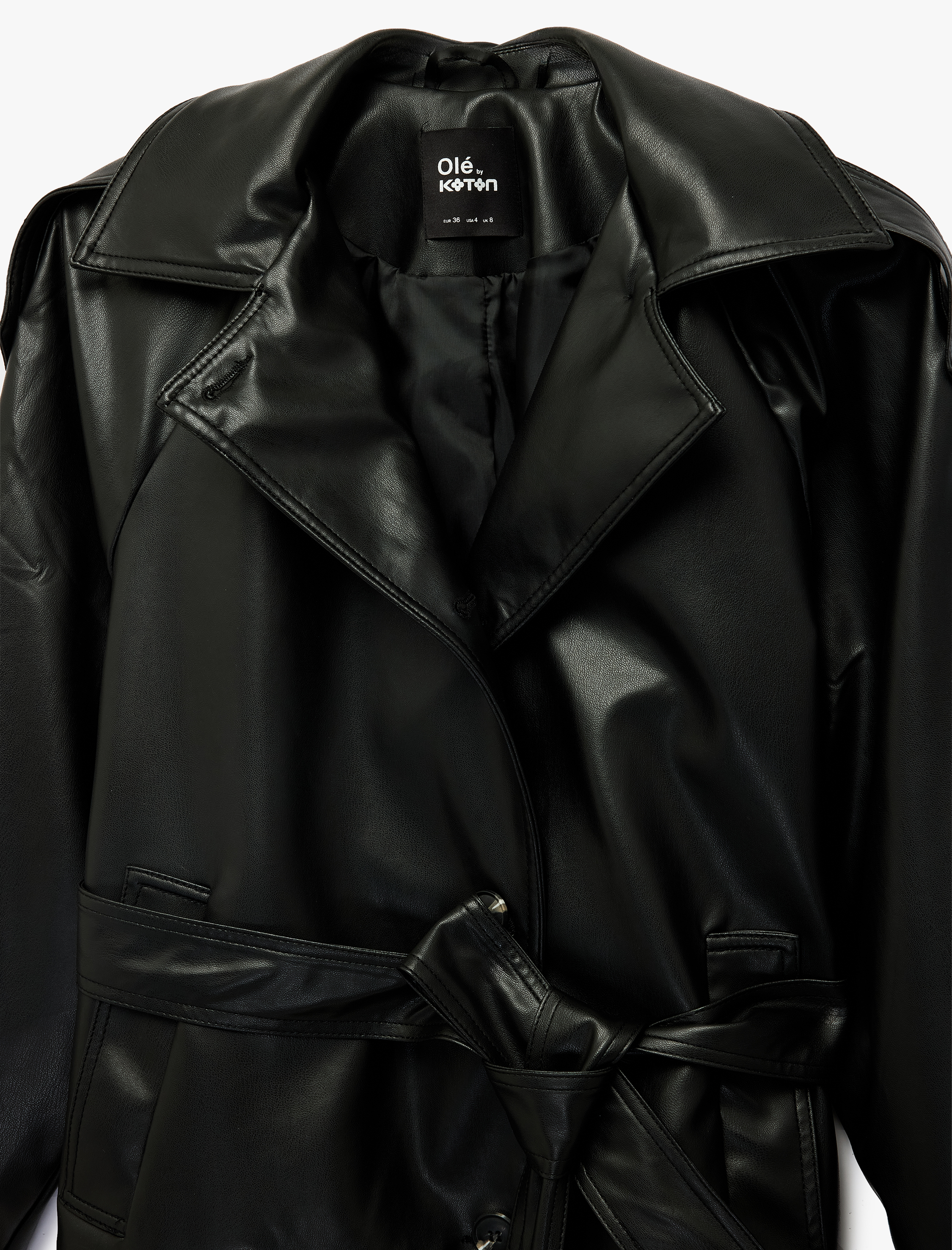   Kemer Detaylı Klasik Yaka Düğmeli Cepli Uzun Kollu Suni Deri Ceket