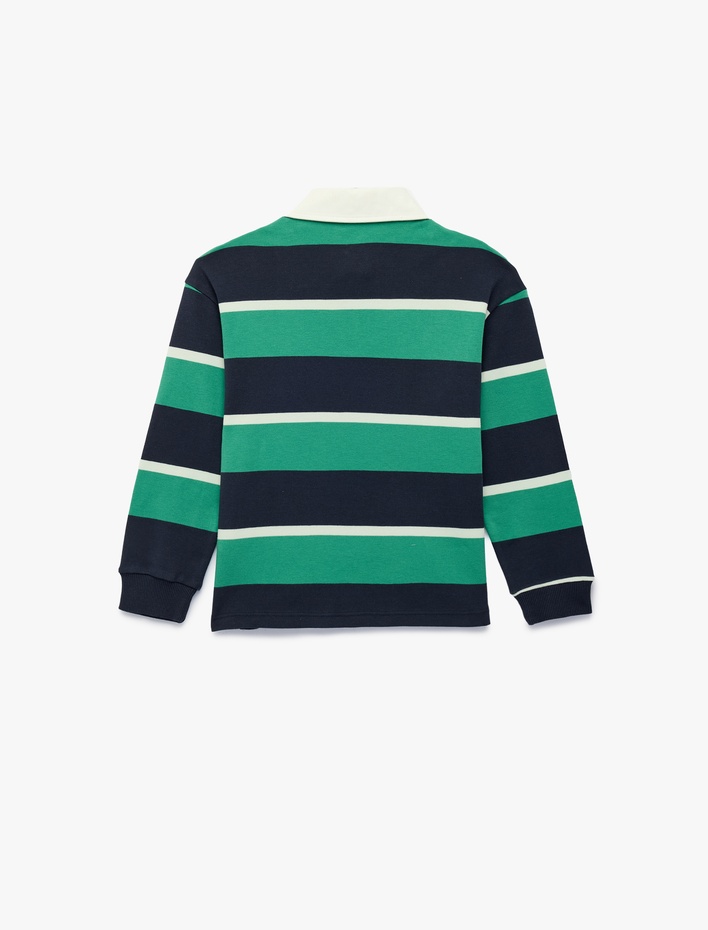 Erkek Çocuk Pamuklu Uzun Kollu Oversize Çizgili Polo Yaka Sweatshirt