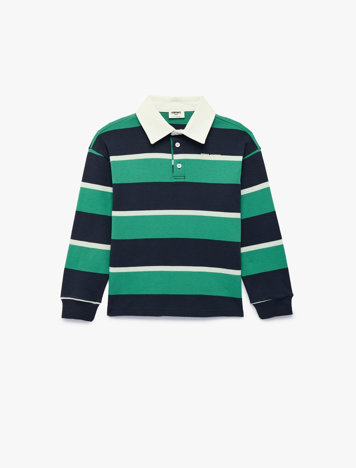Erkek Çocuk Pamuklu Uzun Kollu Oversize Çizgili Polo Yaka Sweatshirt