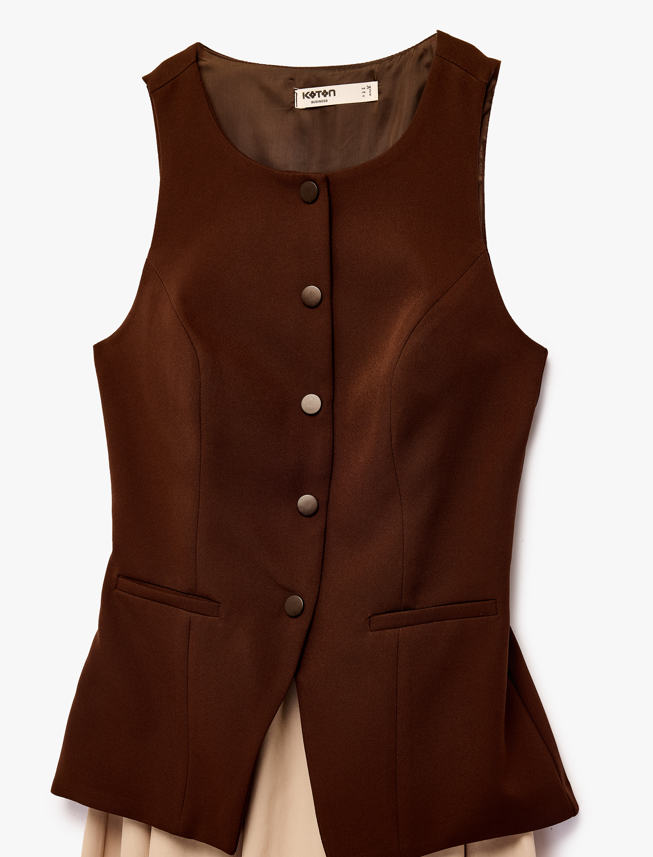   Bisiklet Yaka Düğmeli Yelek Detaylı Kolsuz A Kesim Uzun Elbise