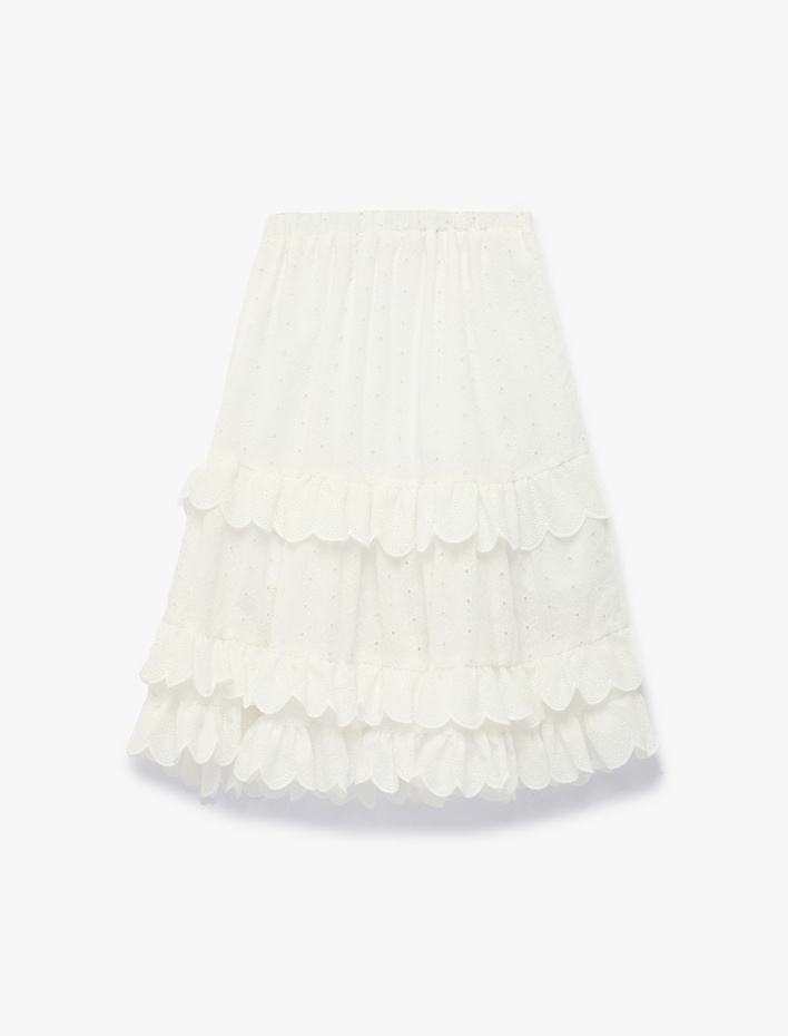 Kız Çocuk Beli Lastikli Kat Detaylı Brodeli Midi Etek