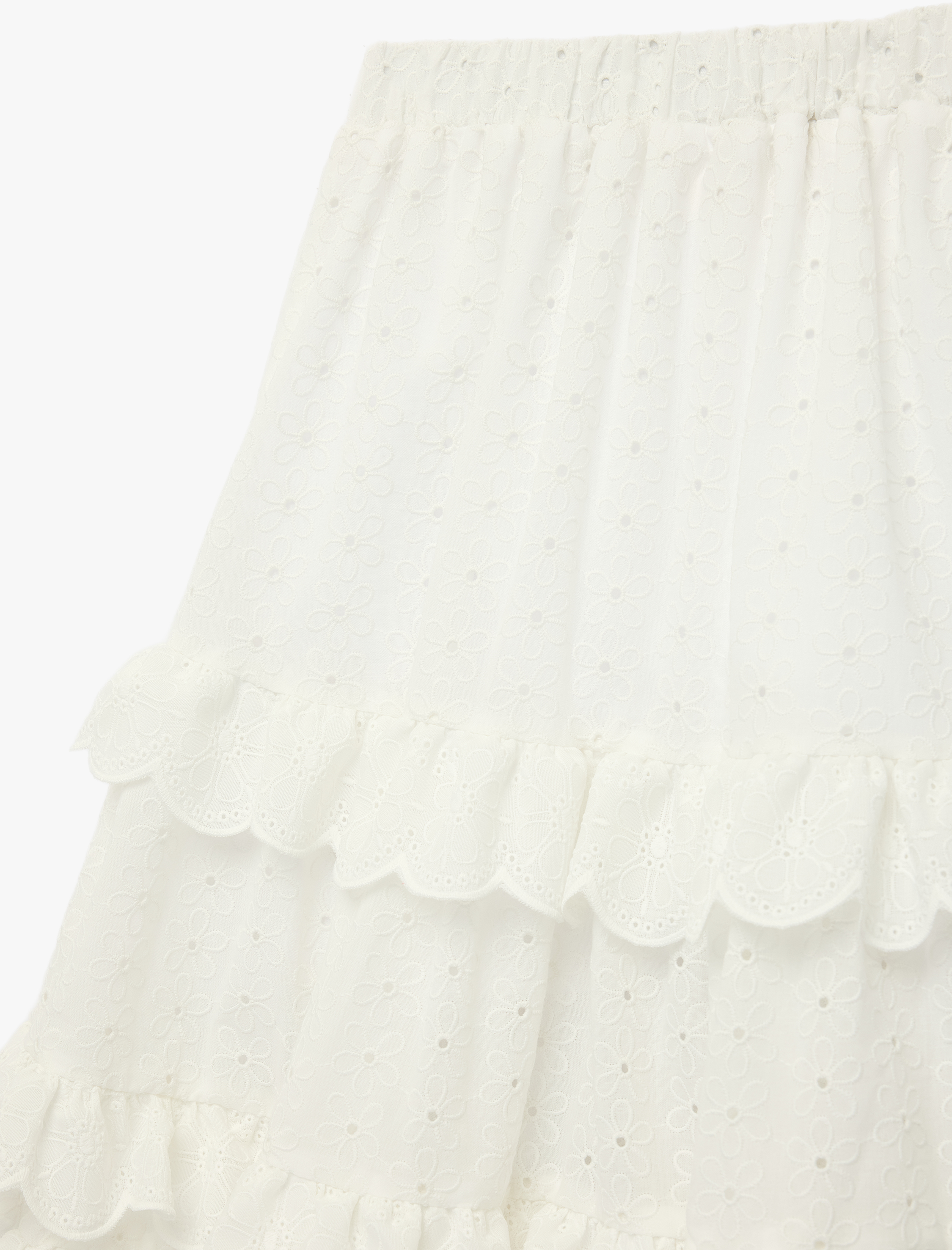  Kız Çocuk Beli Lastikli Kat Detaylı Brodeli Midi Etek