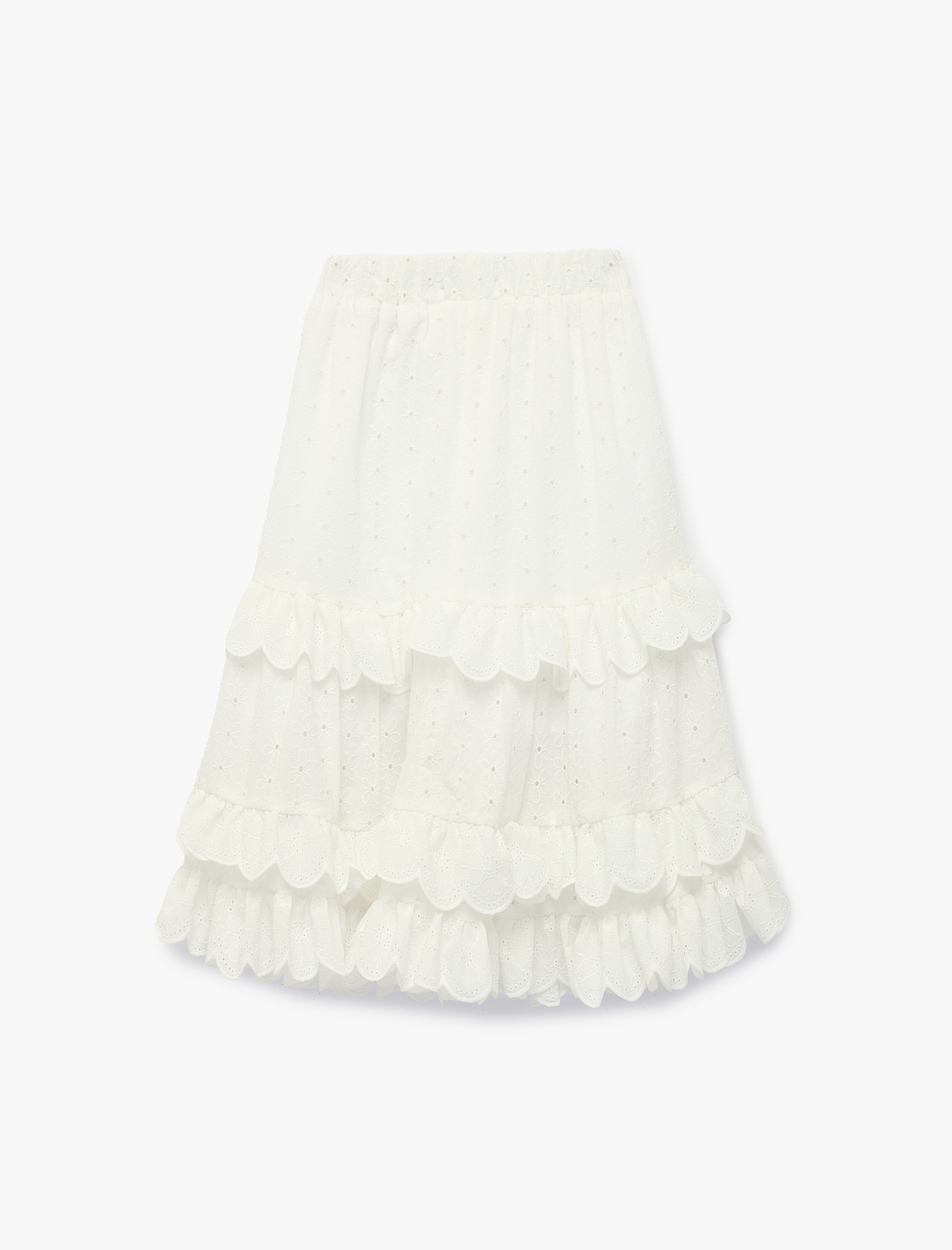  Kız Çocuk Beli Lastikli Kat Detaylı Brodeli Midi Etek