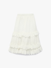Beli Lastikli Kat Detaylı Brodeli Midi Etek