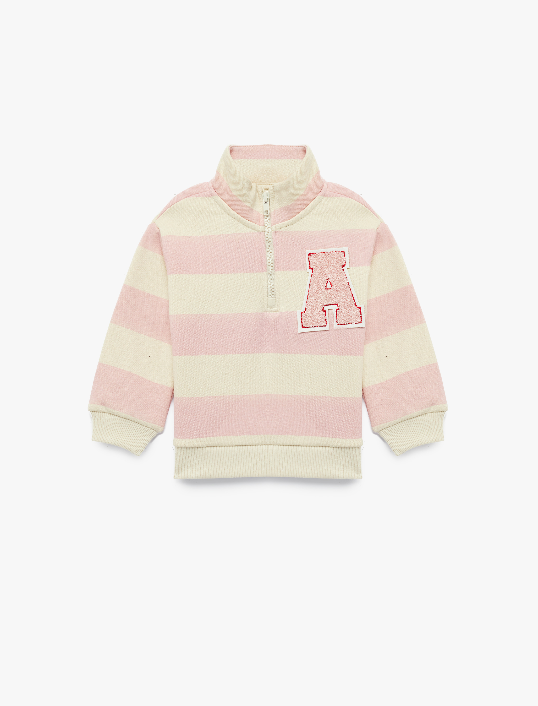  Kız Bebek Nakış Detaylı Yarım Fermuarlı Uzun Kollu Çizgili Polo Yaka Sweatshirt