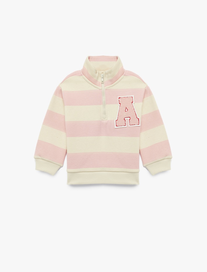 Kız Bebek Nakış Detaylı Yarım Fermuarlı Uzun Kollu Çizgili Polo Yaka Sweatshirt