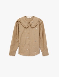 Düğmeli Uzun Kollu Çiçek Nakışlı Bebe Yaka Gömlek