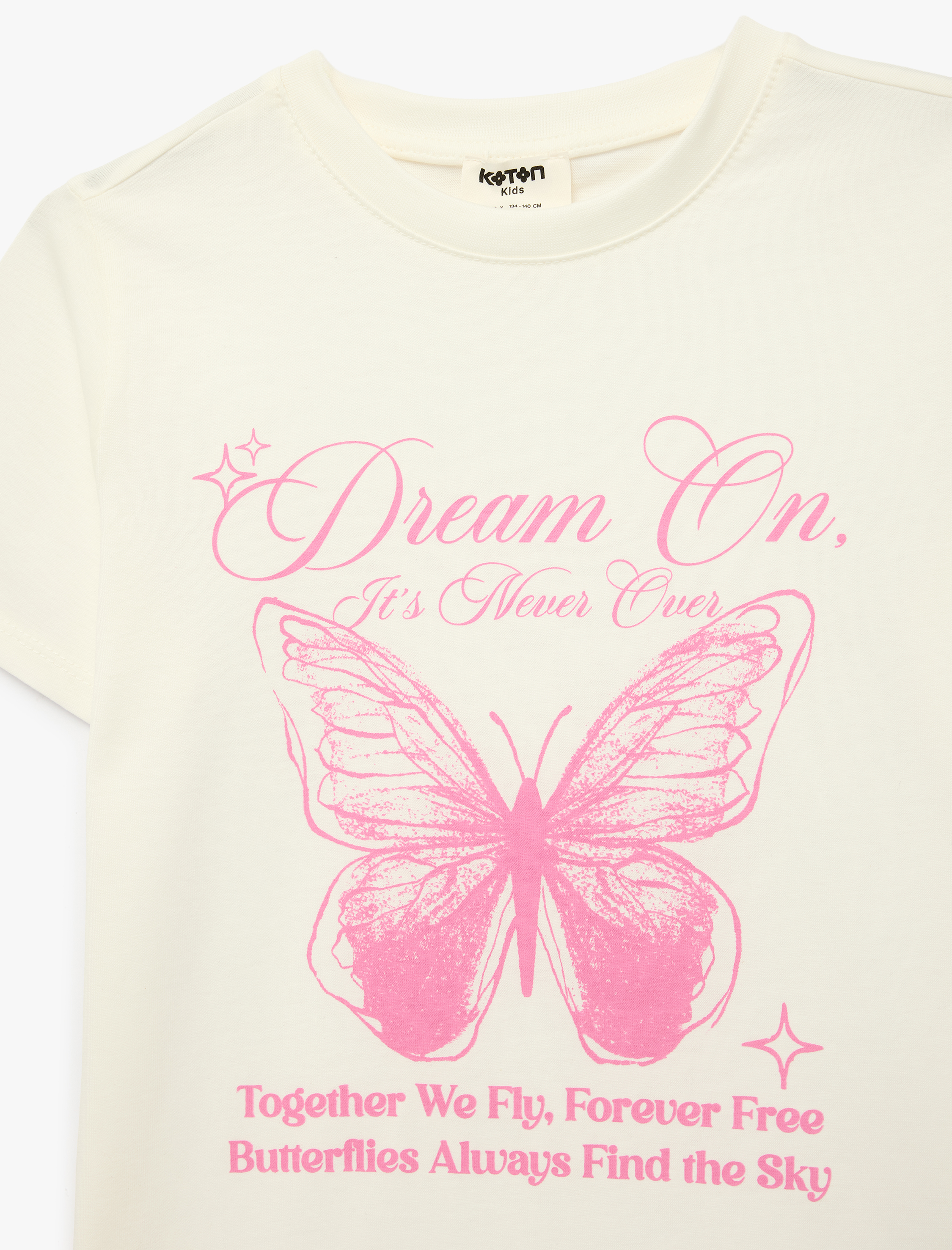  Kız Çocuk Pamuklu Kelebek Baskılı Bisiklet Yaka Kısa Kollu Tişört