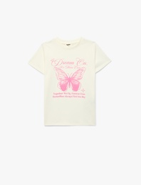 Pamuklu Kelebek Baskılı Bisiklet Yaka Kısa Kollu Tişört