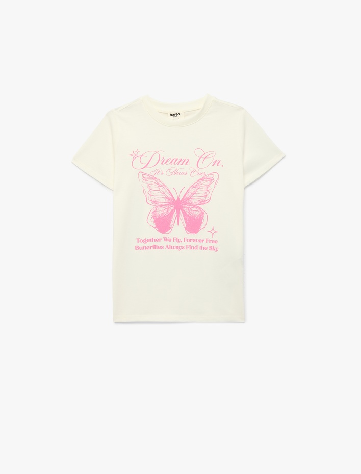 Kız Çocuk Pamuklu Kelebek Baskılı Bisiklet Yaka Kısa Kollu Tişört
