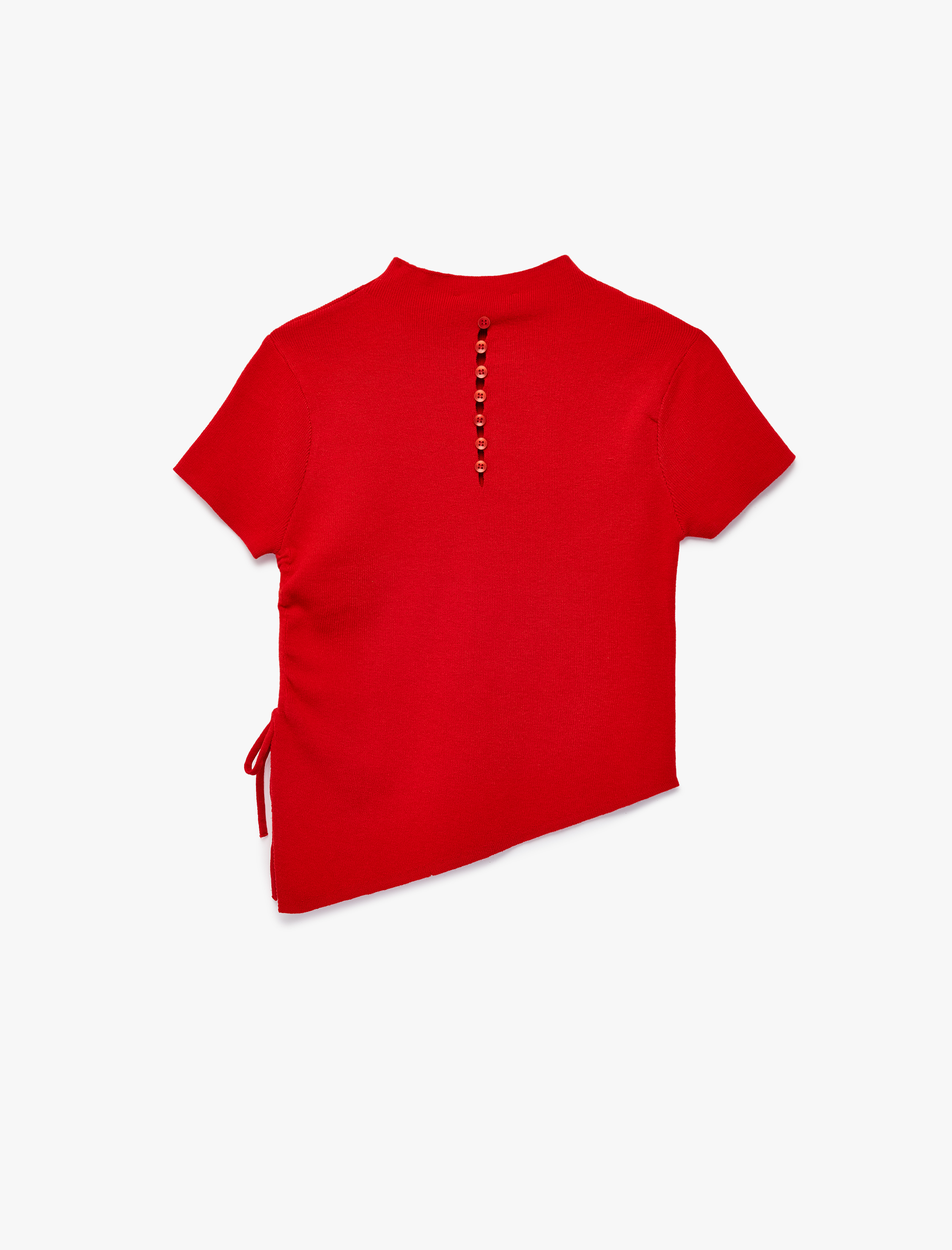   Asimetrik Kesim Büzgülü Kısa Kollu Arkası Düğme Detaylı Dik Yaka Triko Tişört