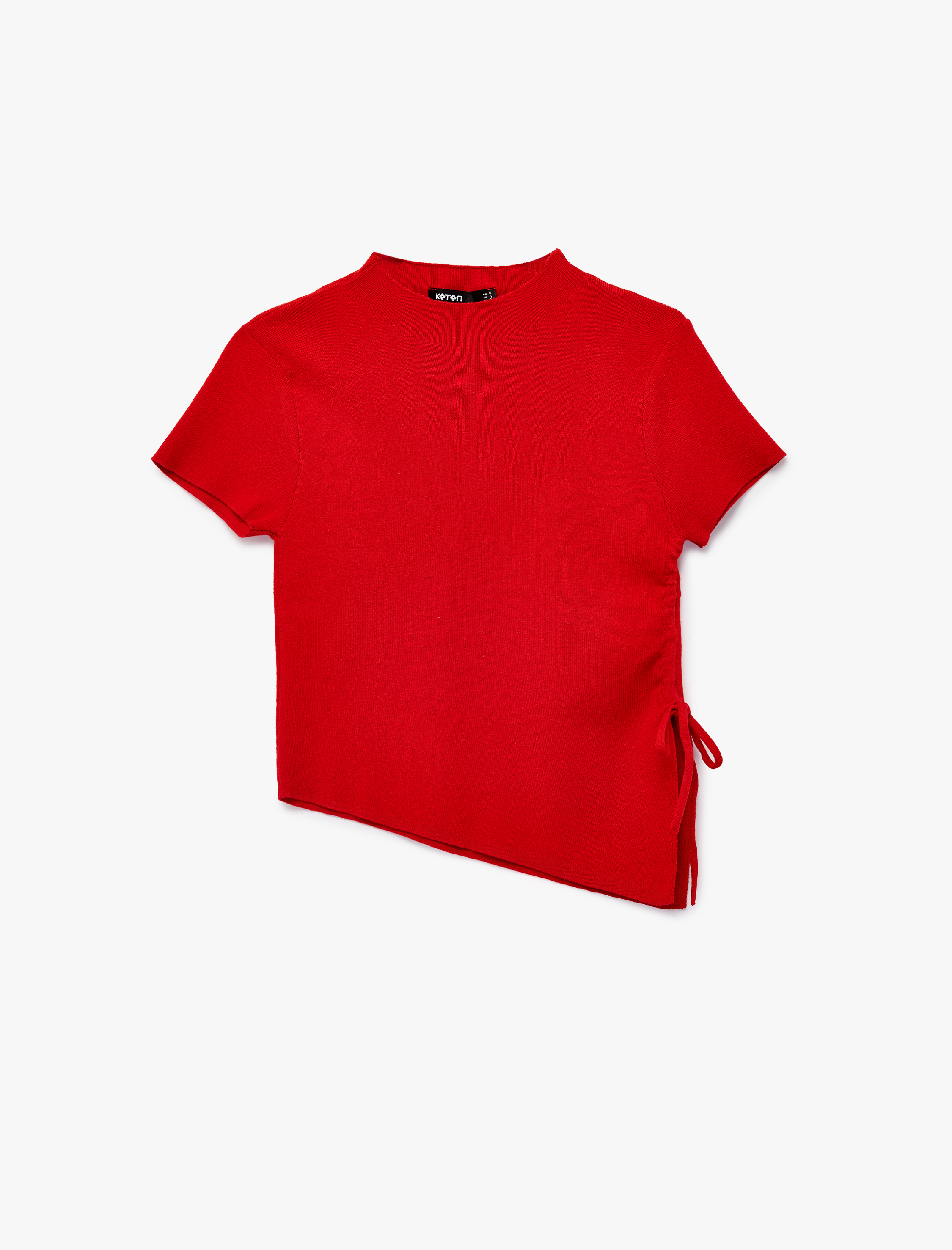   Asimetrik Kesim Büzgülü Kısa Kollu Arkası Düğme Detaylı Dik Yaka Triko Tişört