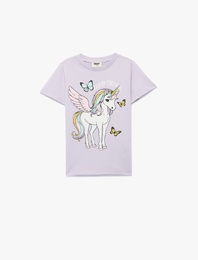 Unicorn Baskılı Bisiklet Yaka Kısa Kollu Pamuklu Tişört