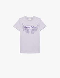 Pamuklu Kısa Kollu Bisiklet Yaka Kanat Baskılı Tişört