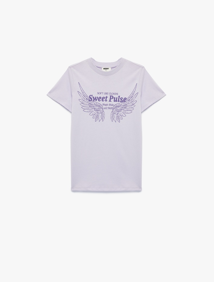 Kız Çocuk Pamuklu Kısa Kollu Bisiklet Yaka Kanat Baskılı Tişört