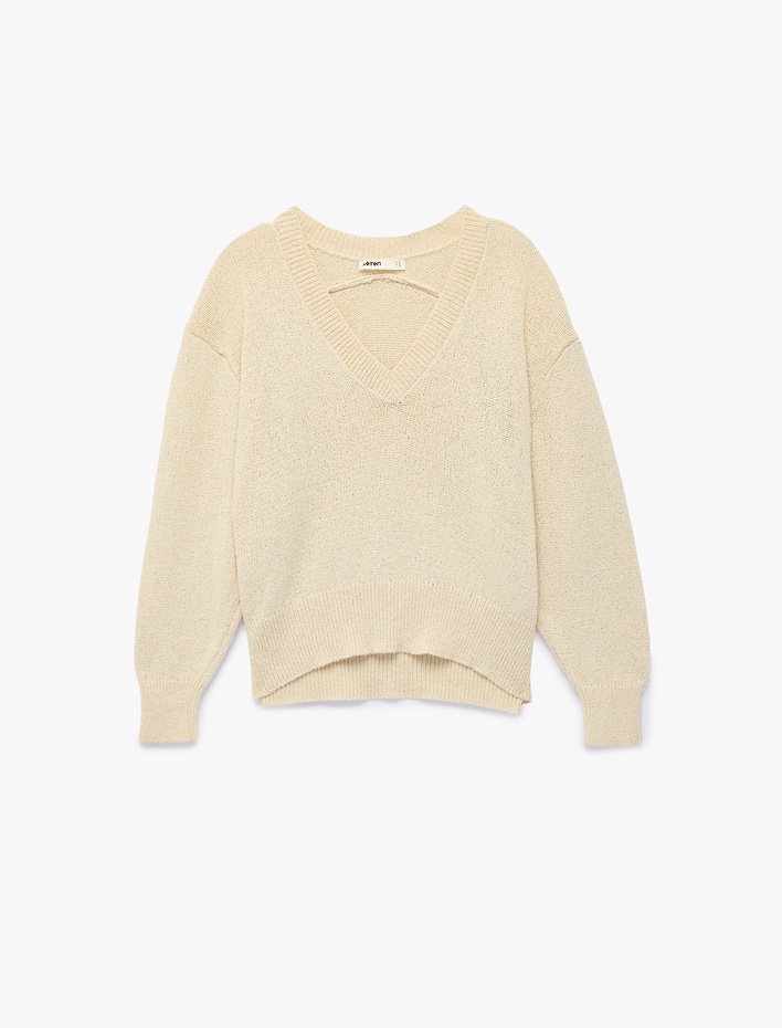  Pamuklu Uzun Kollu V Yaka Triko Kazak