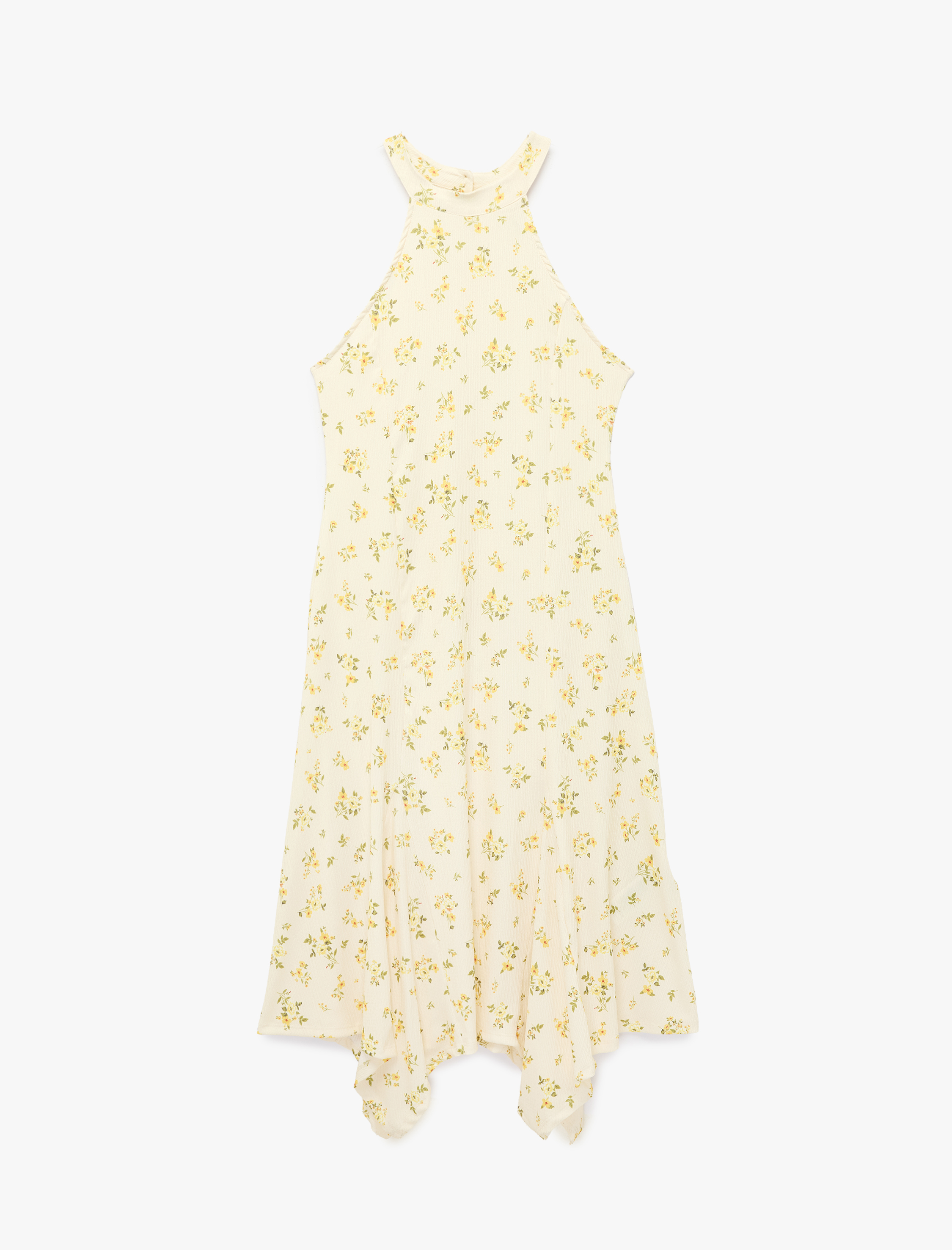   Asimetrik Kesim Halter Yaka Kolsuz Uzun Çiçekli Elbise