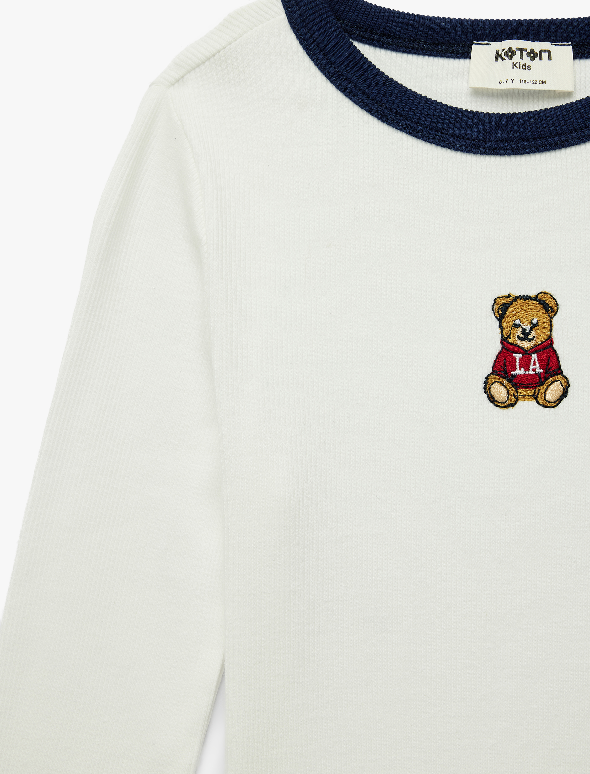  Kız Çocuk Uzun Kollu Bisiklet Yaka Ayıcık Nakış Detaylı Pamuklu Crop Tişört