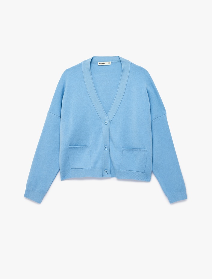  Uzun Kollu Cepli V Yaka Düğmeli Triko Hırka