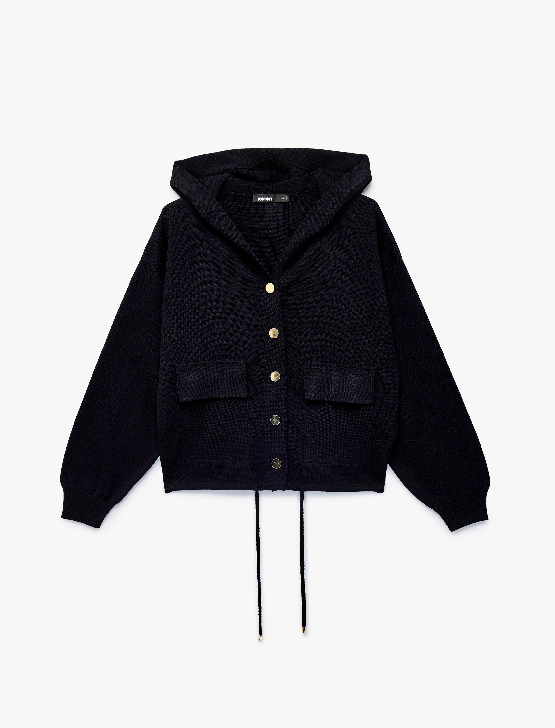   Uzun Kollu Bağlama Detaylı Cepli Düğmeli Kapüşonlu Triko Hırka