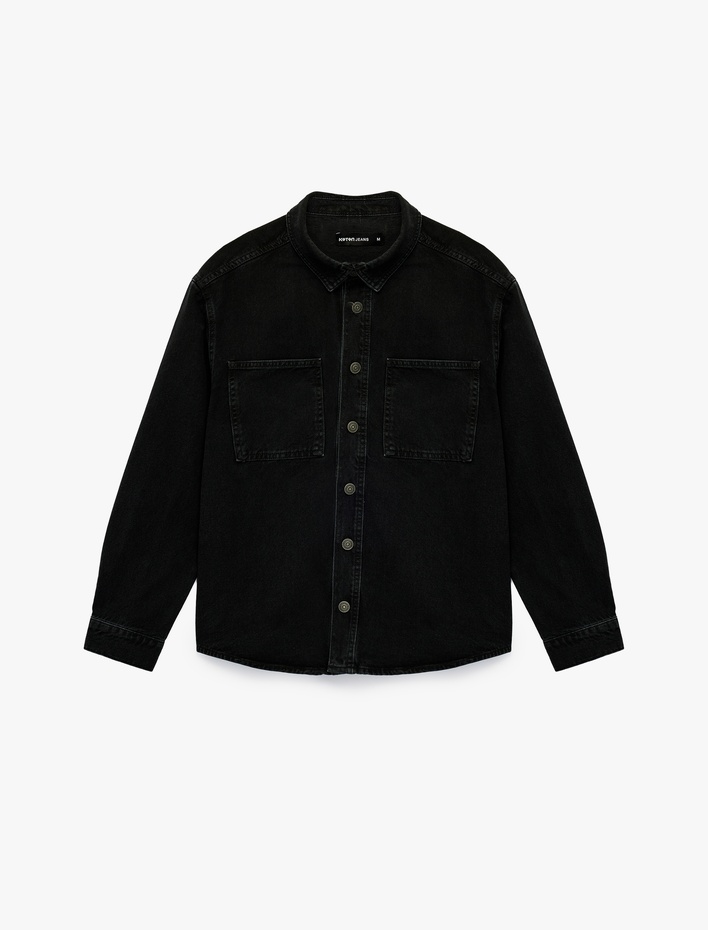  Uzun Kollu Cepli Düğmeli Gömlek Yaka Oversize Jean Gömlek Ceket