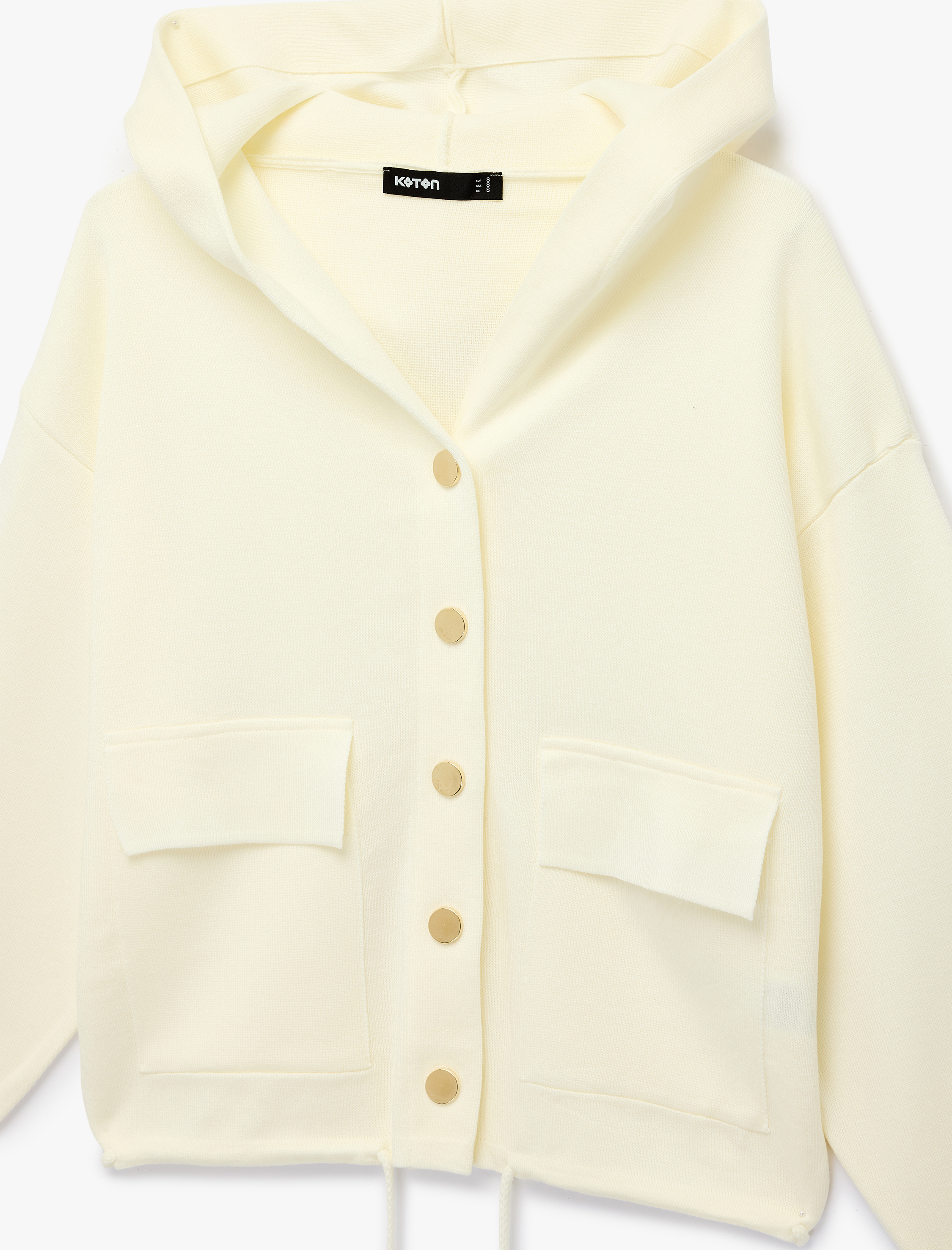   Uzun Kollu Bağlama Detaylı Cepli Düğmeli Kapüşonlu Triko Hırka