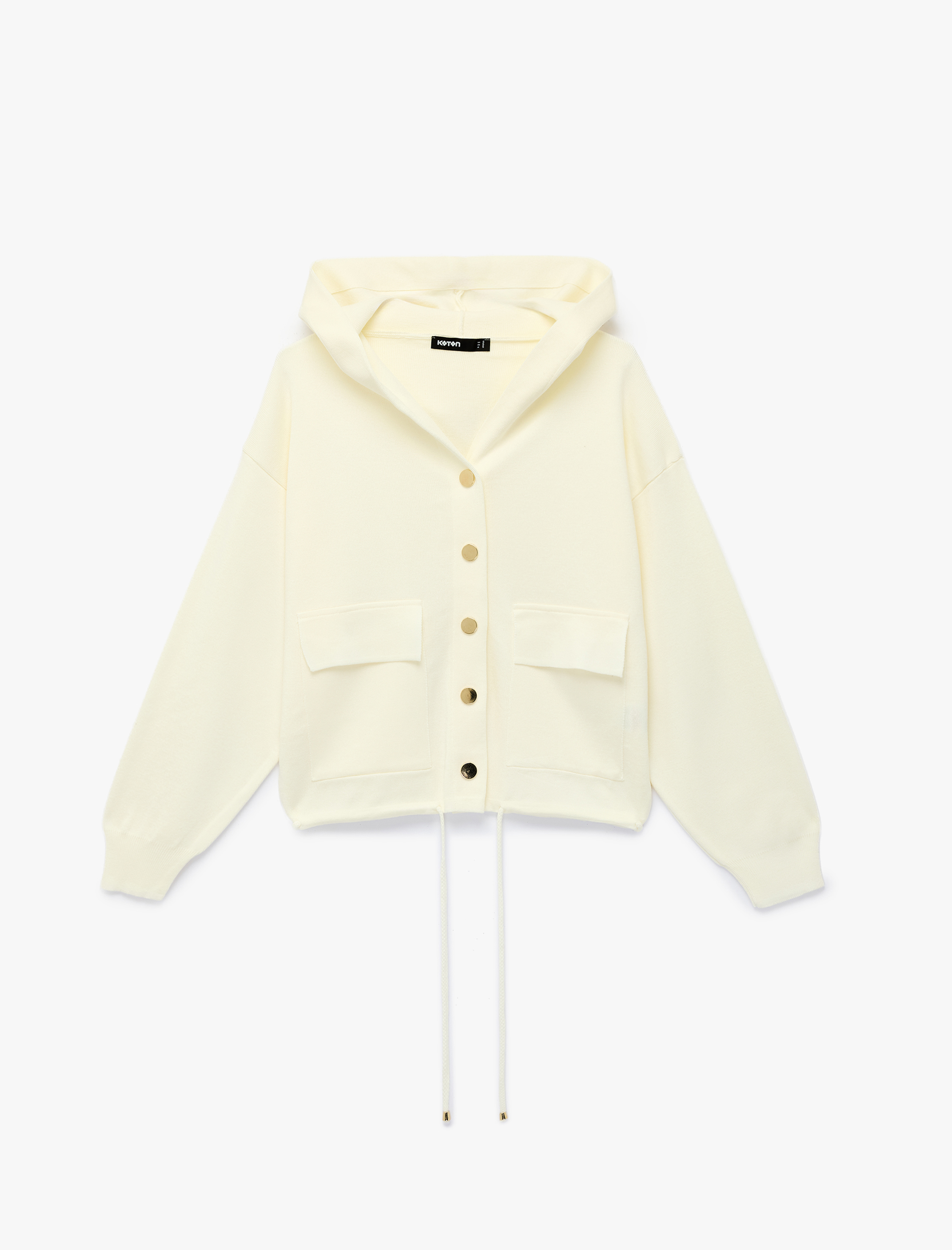   Uzun Kollu Bağlama Detaylı Cepli Düğmeli Kapüşonlu Triko Hırka