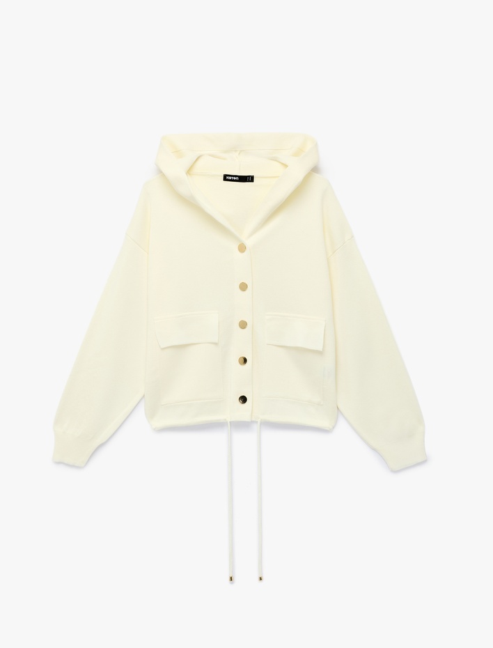  Uzun Kollu Bağlama Detaylı Cepli Düğmeli Kapüşonlu Triko Hırka