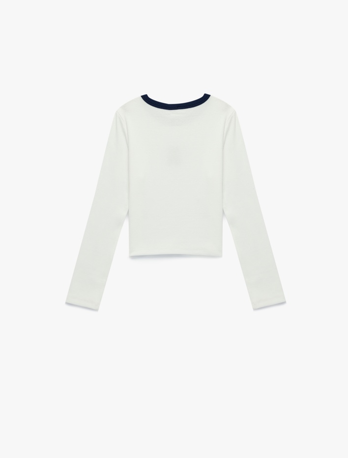 Kız Çocuk Uzun Kollu Bisiklet Yaka Ayıcık Nakış Detaylı Pamuklu Crop Tişört