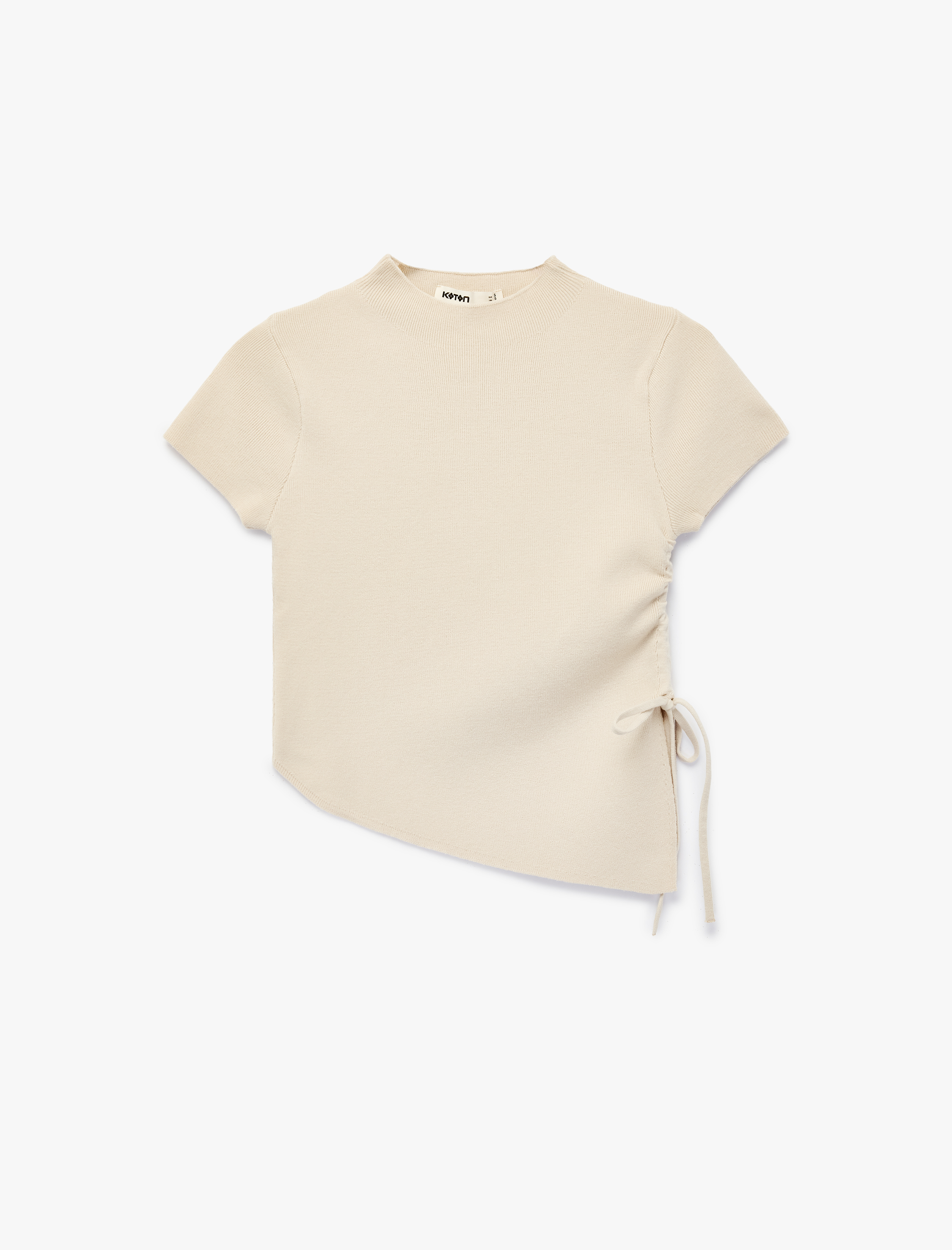   Asimetrik Kesim Kısa Kollu Bisiklet Yaka Büzgülü Triko Tişört